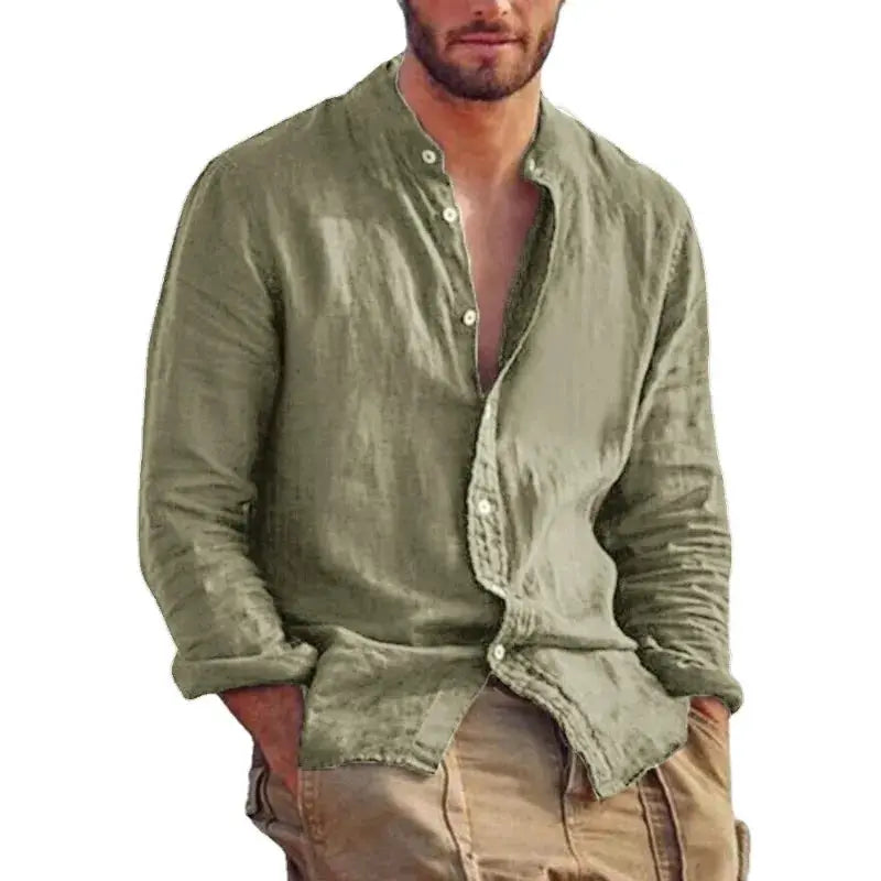 Men's linen stand-collar long-sleeve shirt by Simples Market, olive green, lightweight breathable top