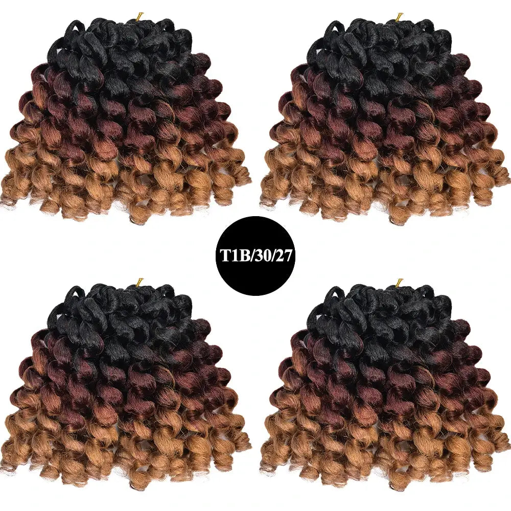 Four bundles of synthetic ombre crochet braiding hair with jumpy wand curl, black to caramel blonde (T1B/30/27)
