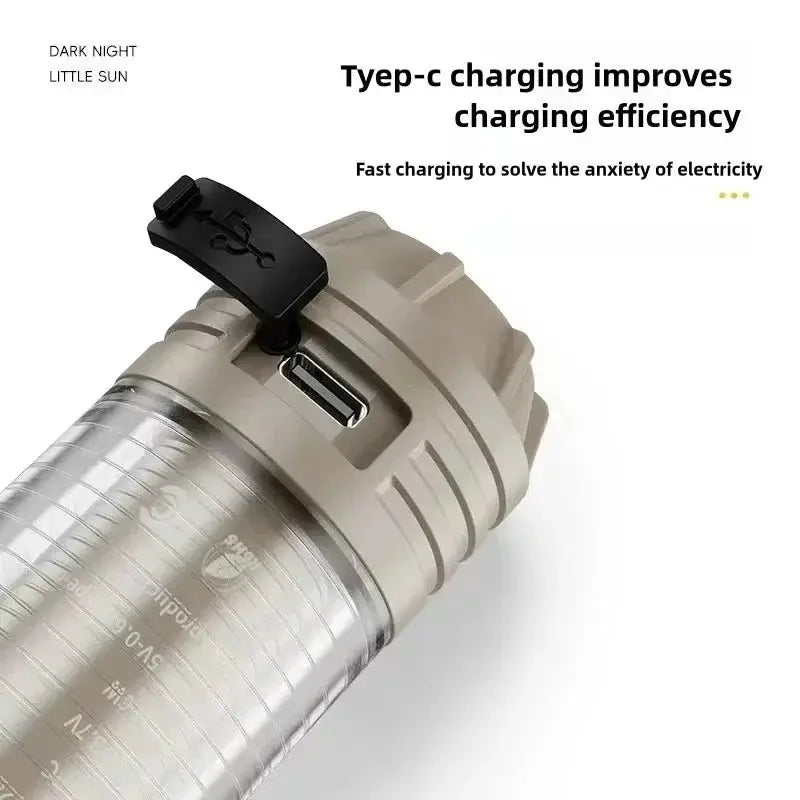 Simples Market outdoor LED flashlight, rechargeable USB-C, waterproof portable camping lantern.