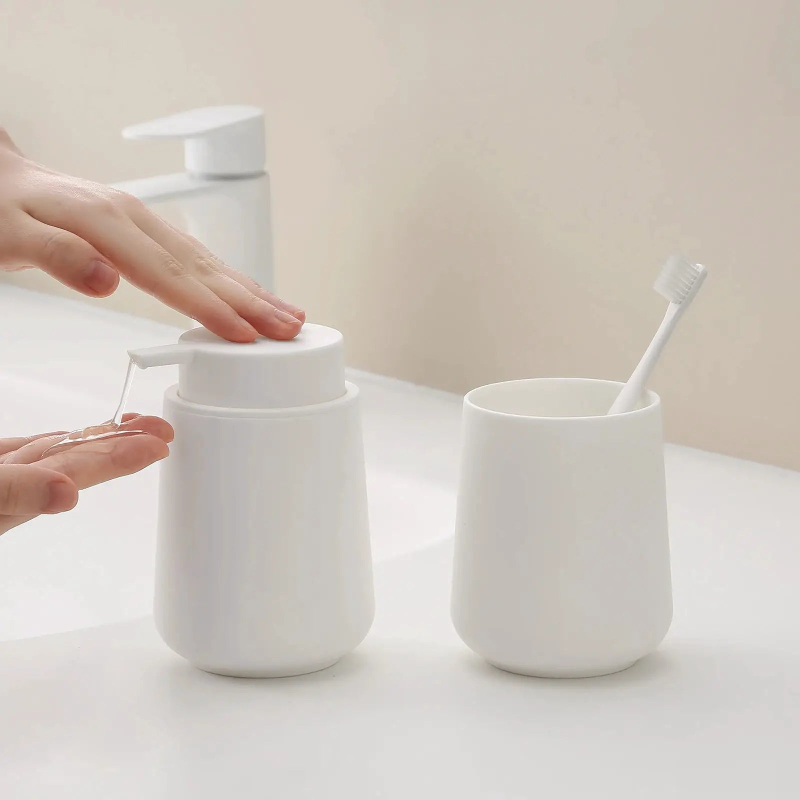 Bathroom accessory set, 2-piece white matte soap dispenser and cup for vanity