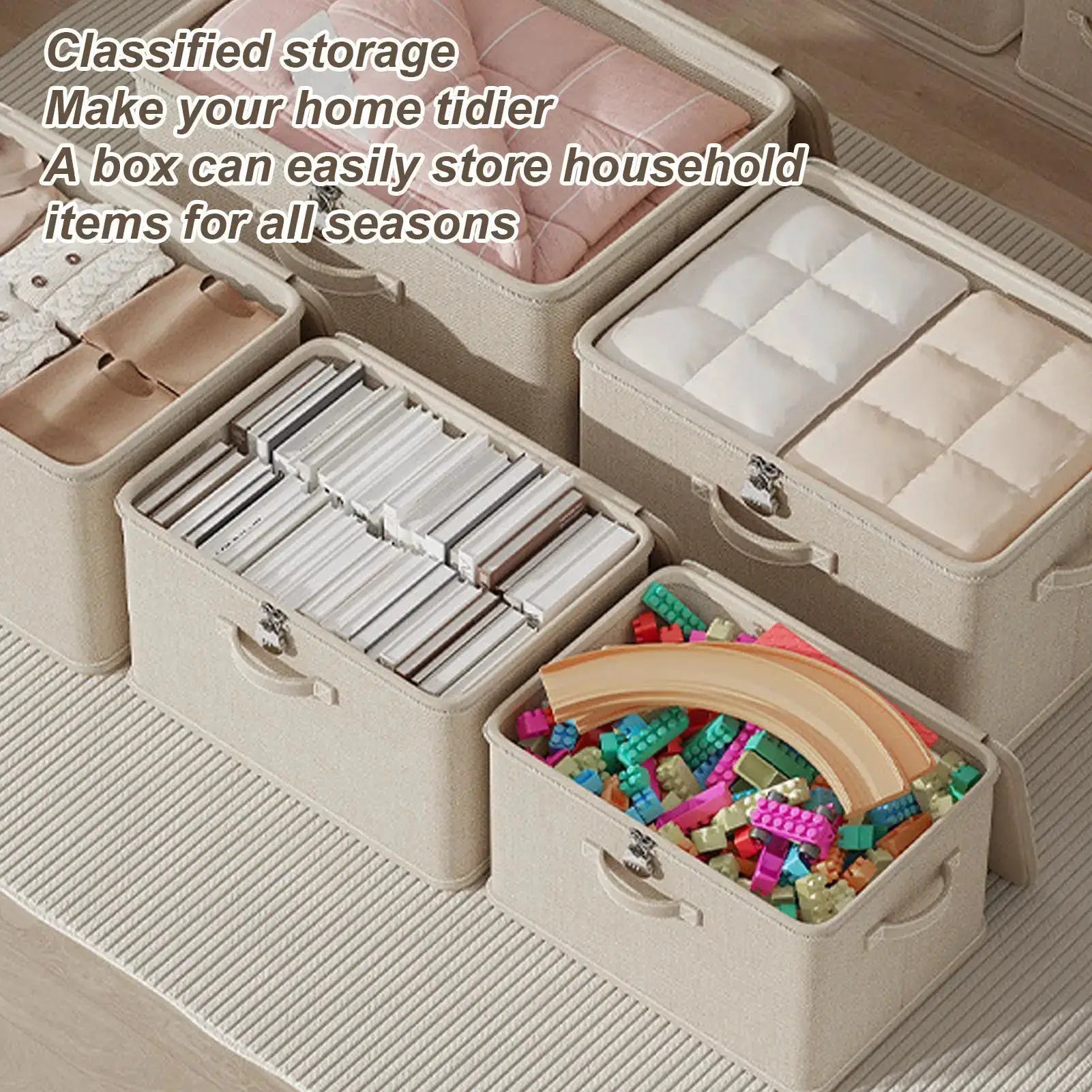 Beige fabric lockable storage box with handles; stackable bins with lids for blankets, clothes and toys
