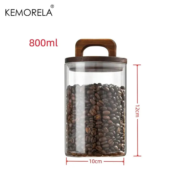 Wood Lid Glass Jar Airtight Canister For Tea Coffee Beans Grounds Candy Kitchen Storage Sealed Jar
