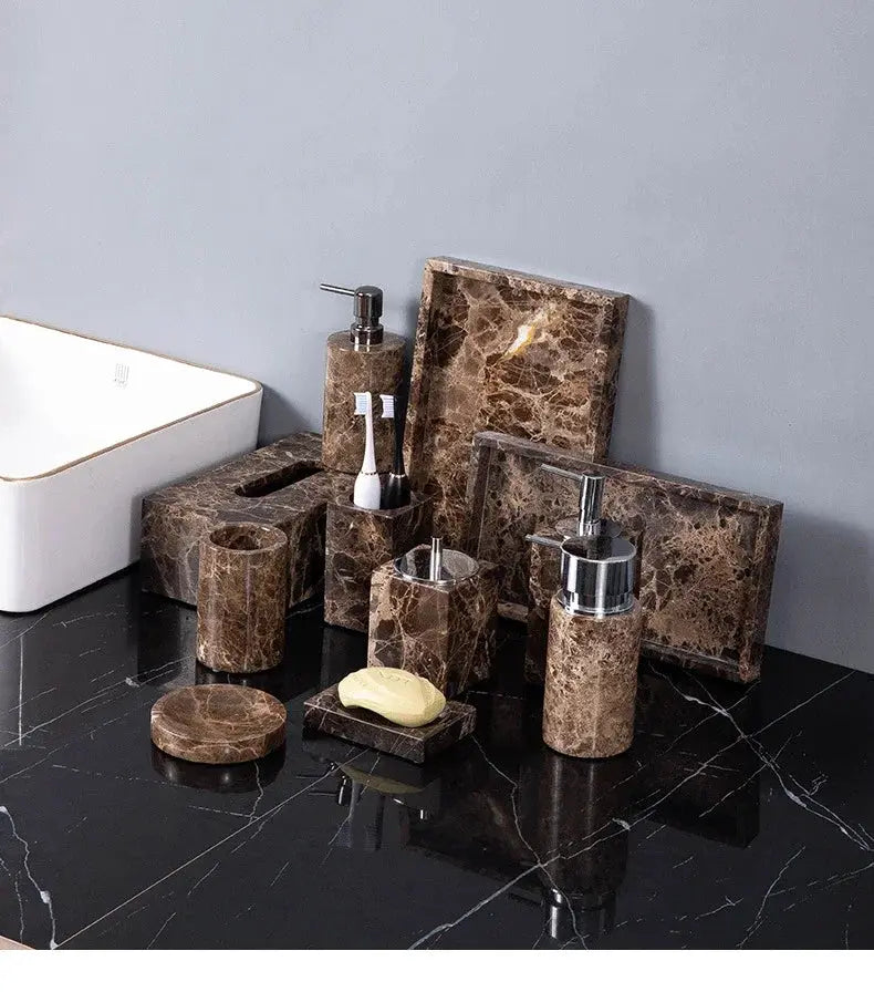 Emperador Dark brown marble bathroom set with soap dispenser, toothbrush holder, and soap dish