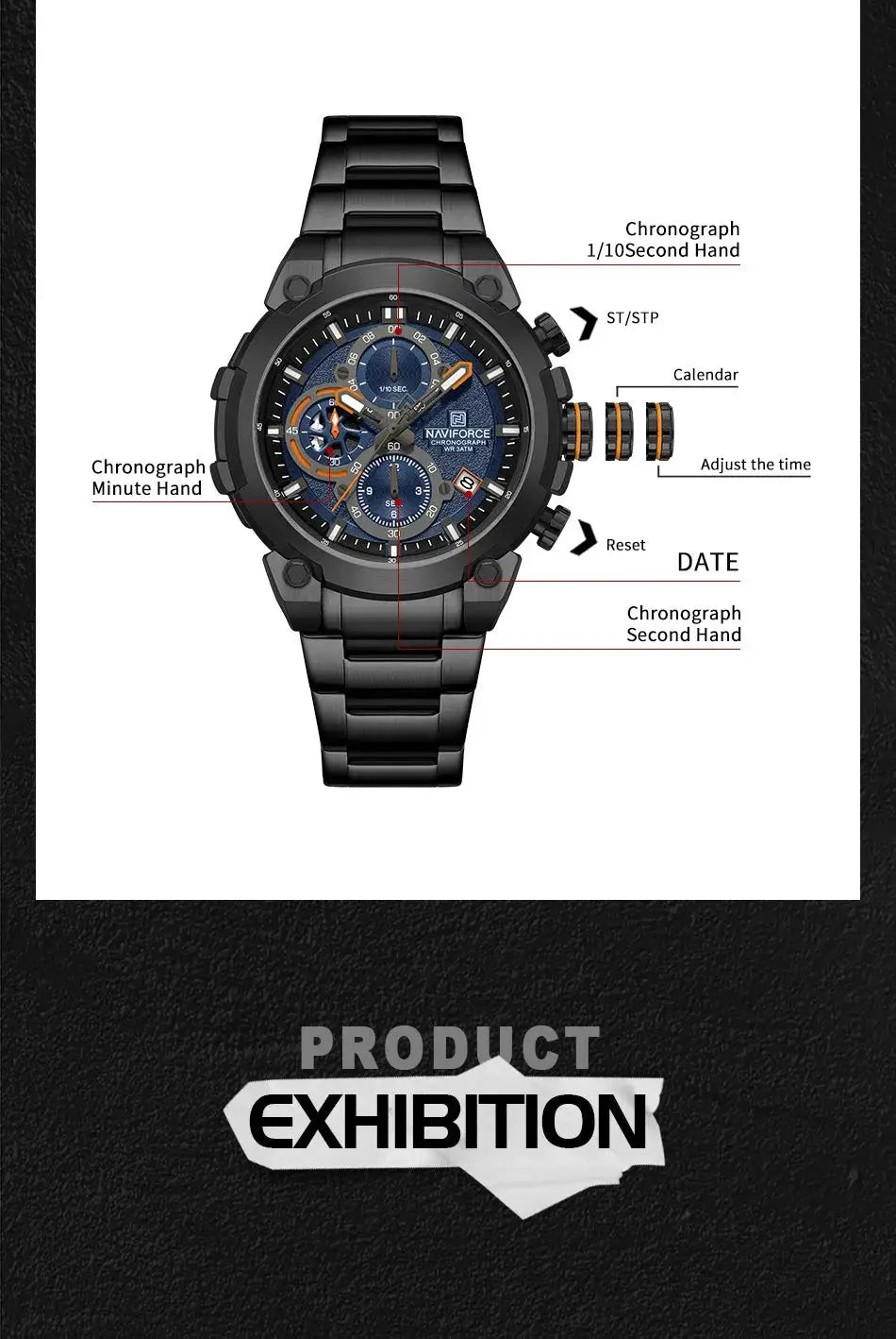 NAVIFORCE men's black stainless steel chronograph watch with blue dial and 3ATM water resistance.