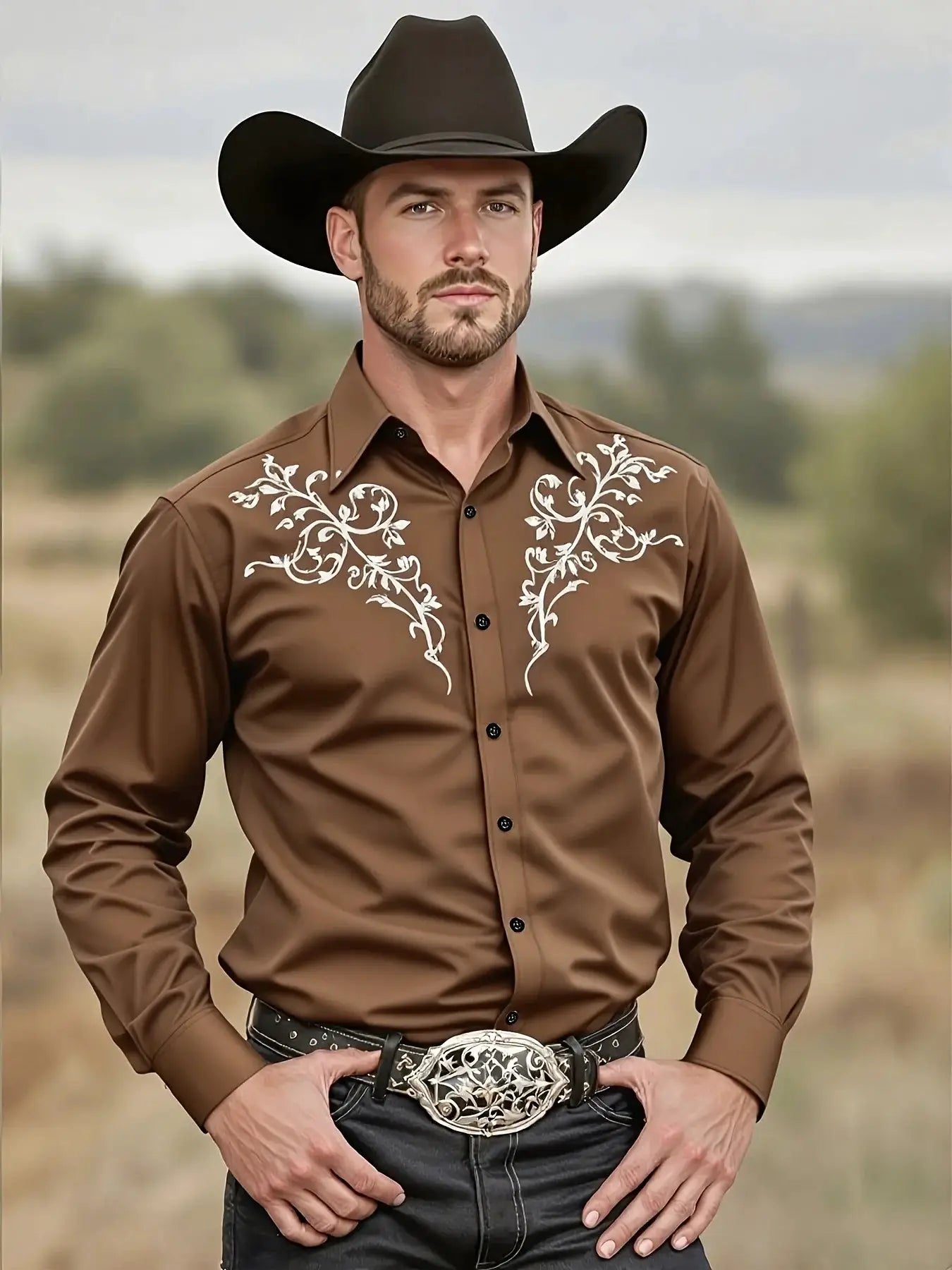 Men's brown western shirt with white tribal embroidery on chest, long sleeves, Simples Market.