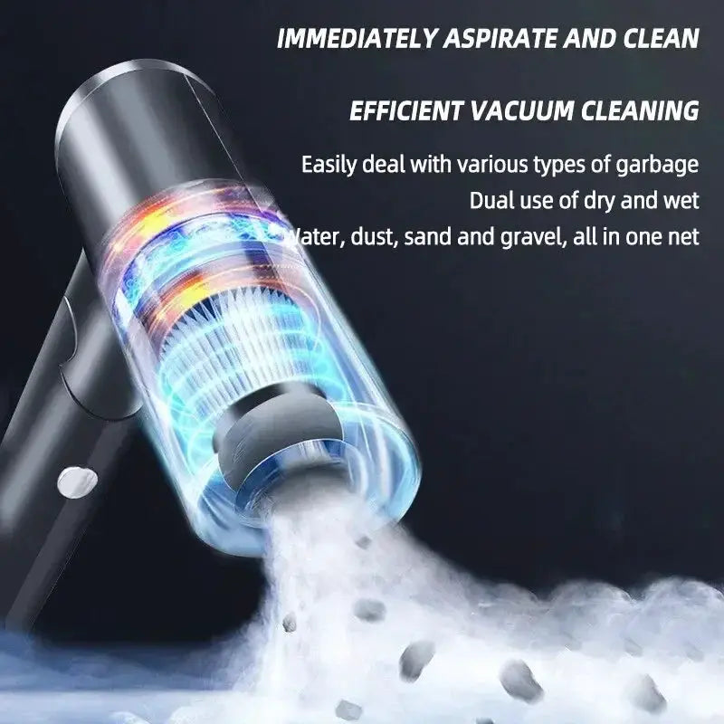 Simples Market portable wireless car vacuum cleaner with transparent dust chamber and blue light, 120W.