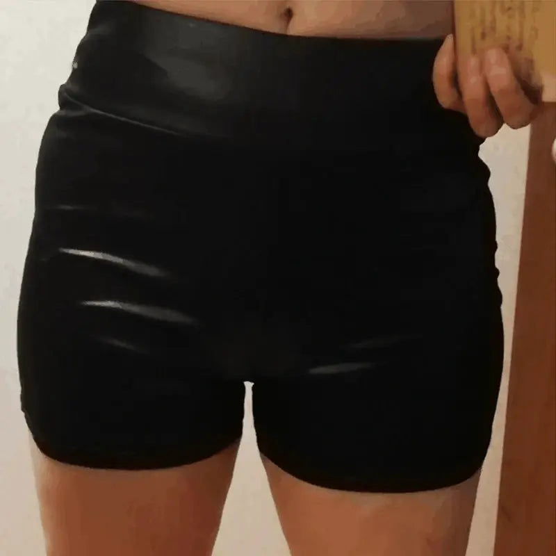 SirenLux Shiny Elastic High Waist Faux PU Leather Shorts For Dance Clubwear Sexy Mini Shorts