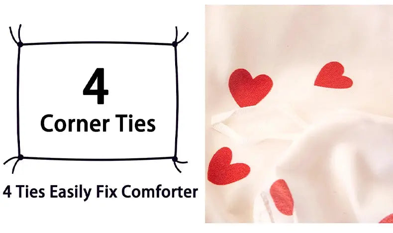 3pc red heart duvet cover set by Simples Market, cream background with 2 pillowcases, soft skin-friendly fabric