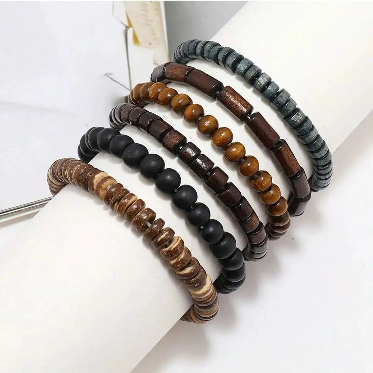 6 Pcs Wodeen Braided Wrap Leather Bracelets For Men Vintage Life Wood Beads Fashion Armband Set