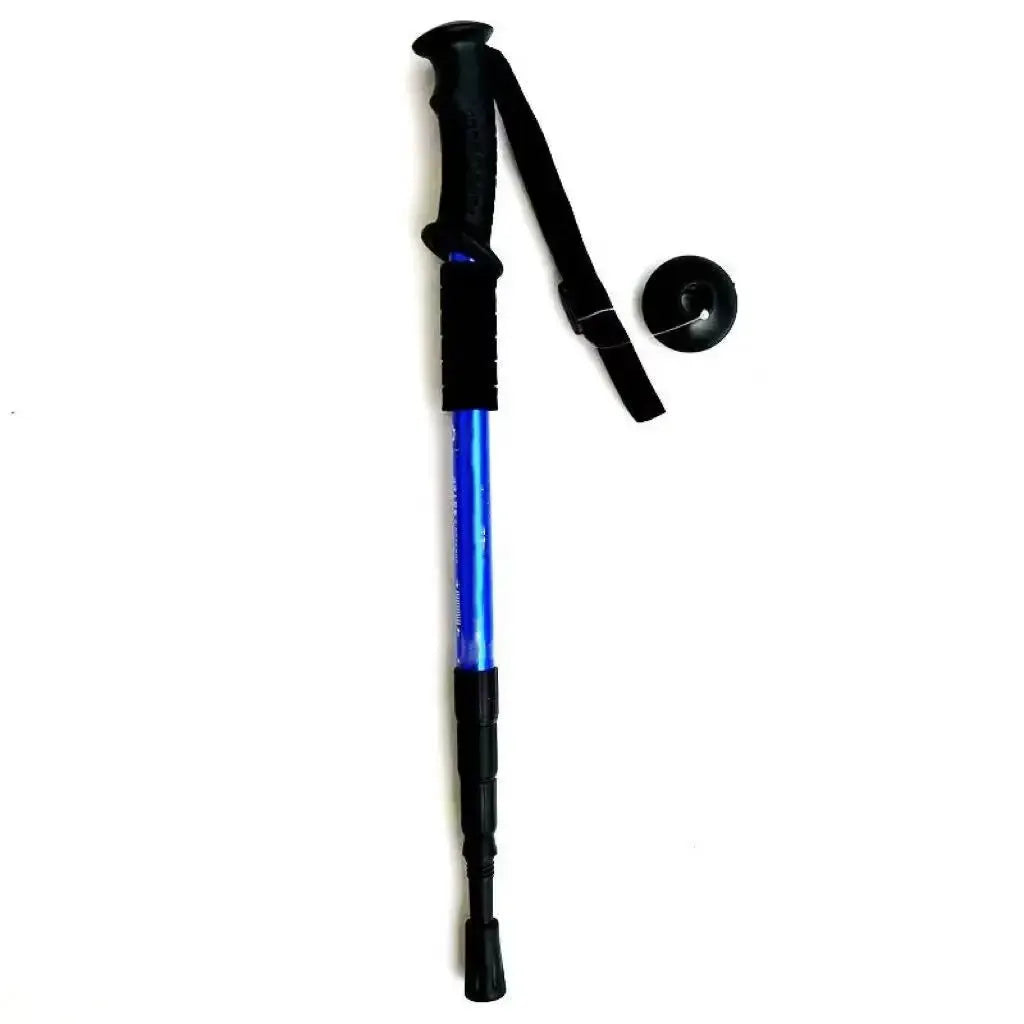 Ultralight trekking pole with blue shaft, black grip and wrist strap