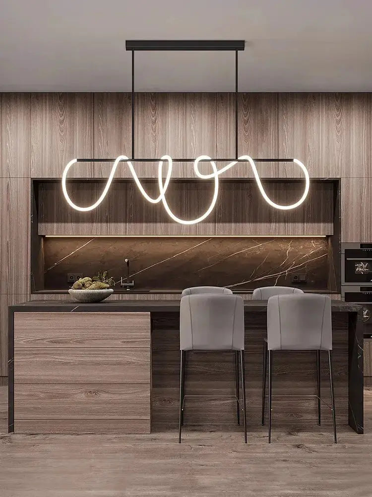 Nordic chandelier pendant light by Simples Market with white neon loop over wooden kitchen island