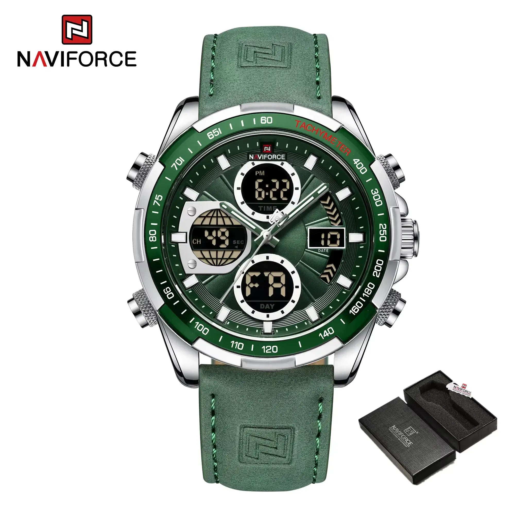 NAVIFORCE military-style watch for men with green strap and bezel; analog-digital chronograph includes two boxes
