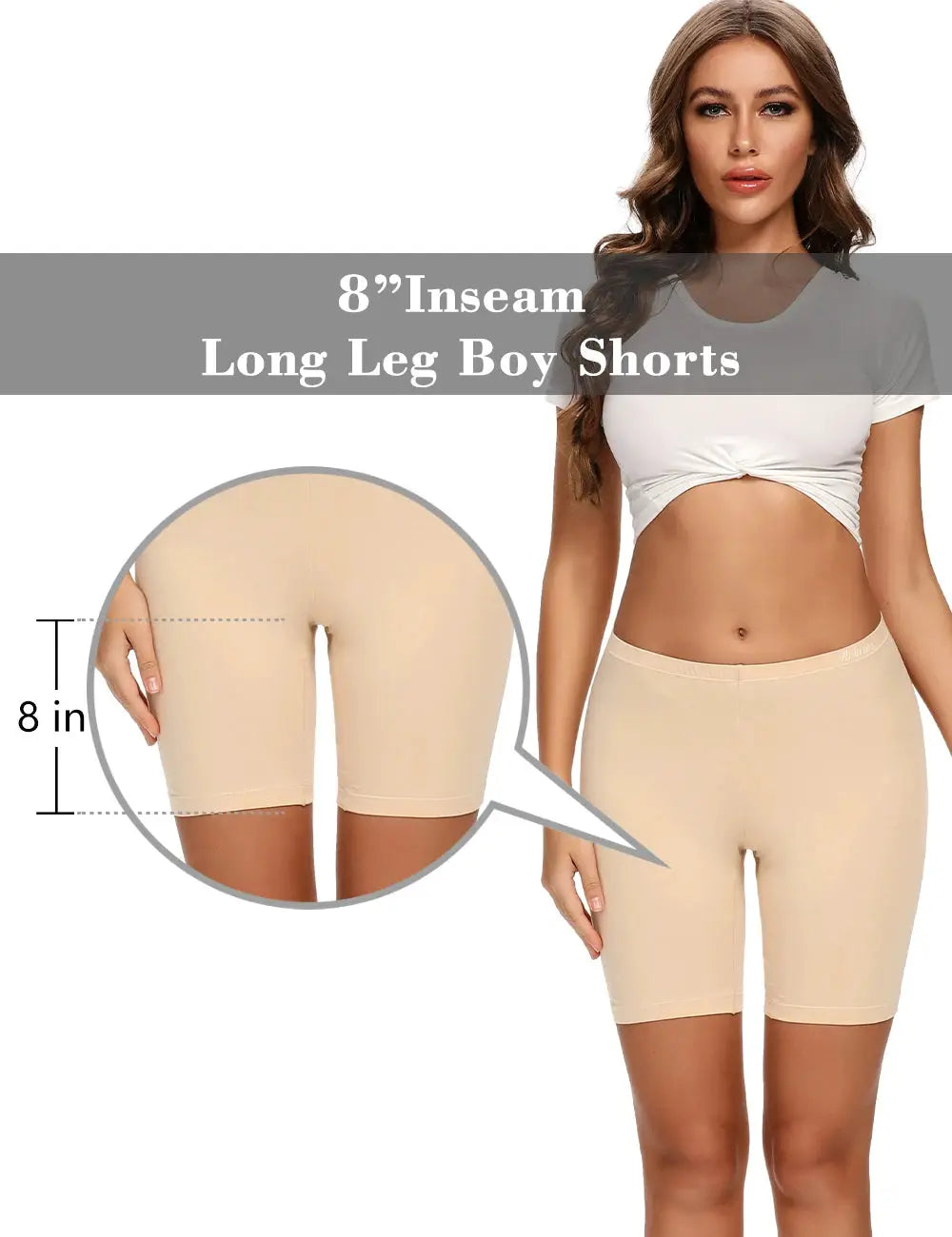 Molasus women's cotton biker shorts by Simples Market, beige 8-inch inseam, anti-chafing high-waisted underwear