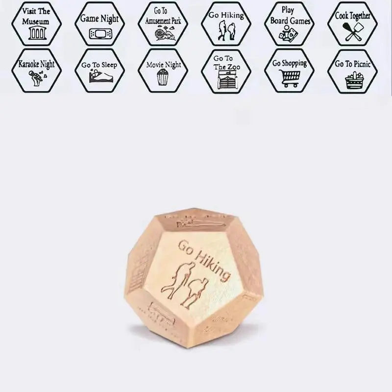 Wooden dodecahedron couples decision dice by Simples Market featuring Go Hiking face