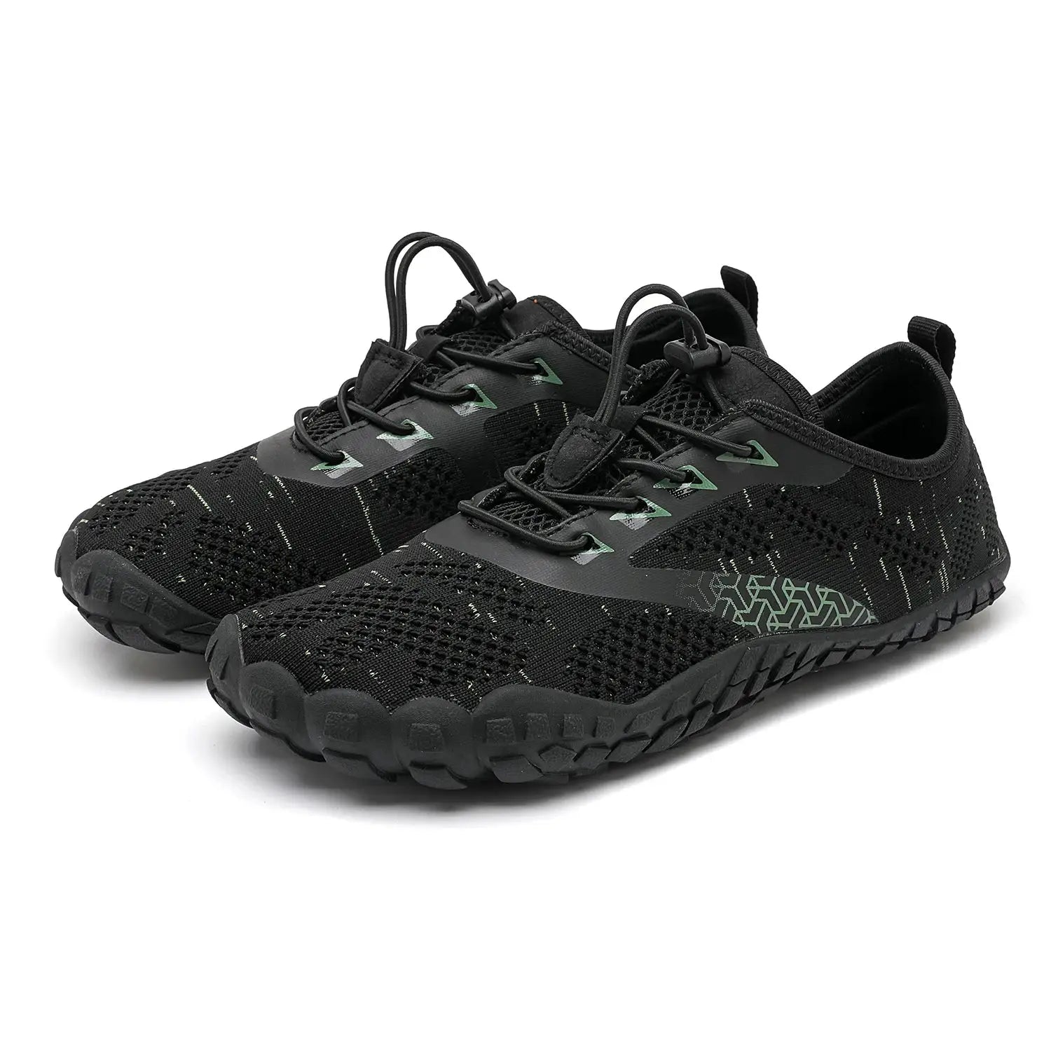 Simples Market pair of men's black trail running shoes, minimalist barefoot design with green eyelets and mesh