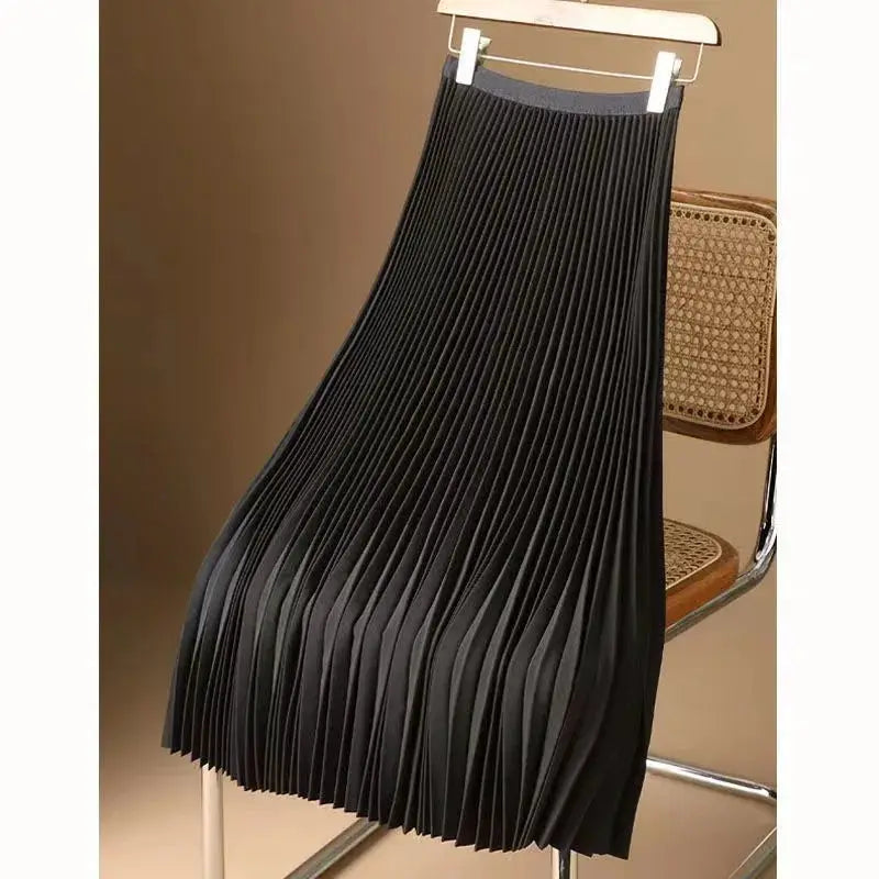 AuraMode Vintage Satin Pleated Midi Skirt High Waist With Wide Elastic Band For Comfortable Fit