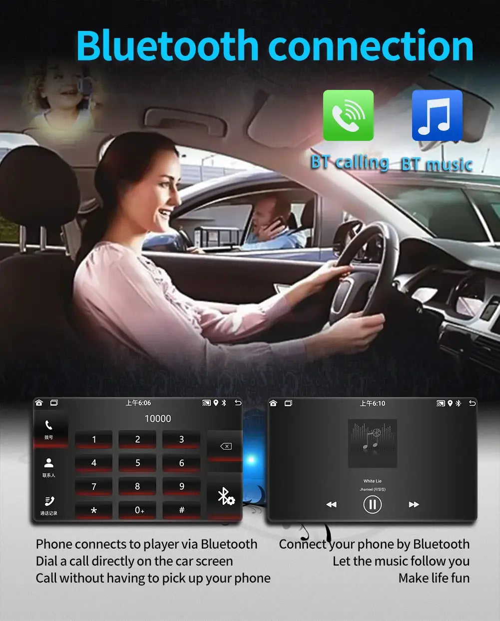 2Din Android car stereo by Simples Market in black with Bluetooth and GPS; screens show dial pad and music player