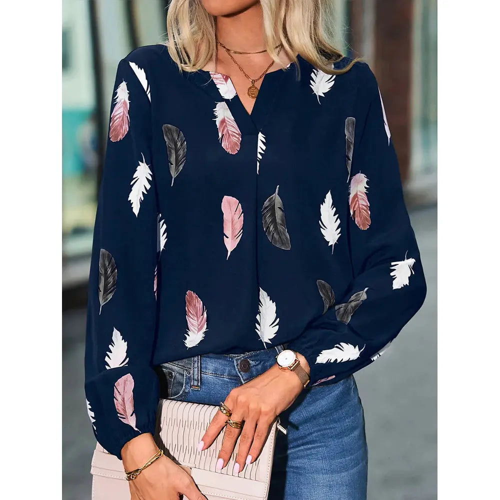 Simples Market navy chiffon blouse for women with pink and white feather print, long sleeves