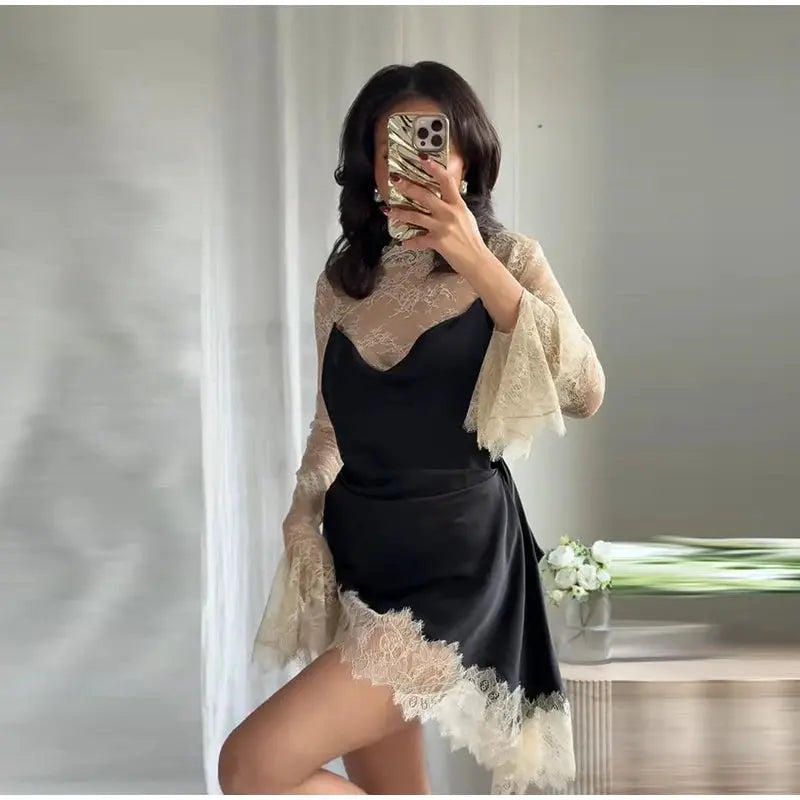 Elegant Satin Dress With Lace Trim For Women High Neck Color Block Y2K