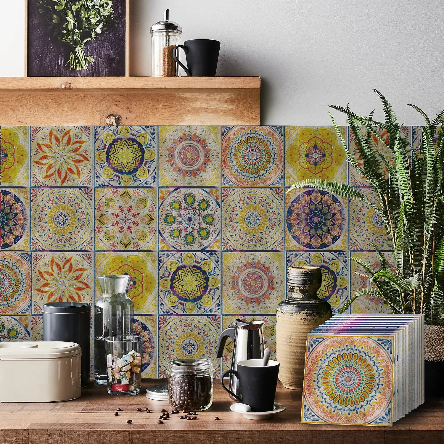 Simples Market tile self-adhesive wall stickers, 24pc; colorful mandala tile designs for kitchen backsplash, peel-and-stick, waterproof.