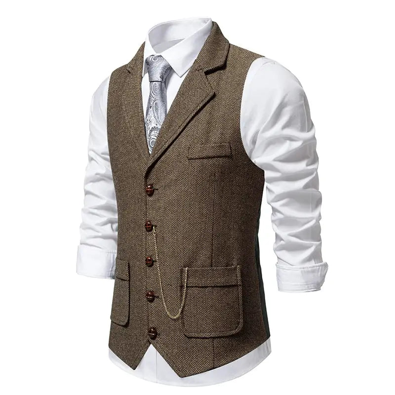 Men's brown herringbone tweed vest with chain and flap pockets, Simples Market