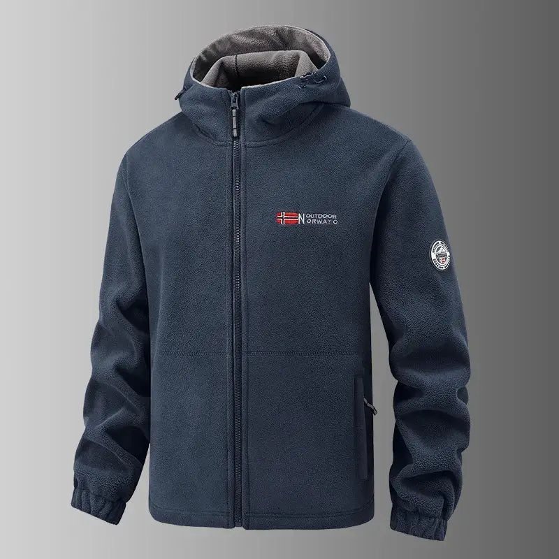Men's navy fleece hooded jacket with zip front, Simples Market, Norwegian flag chest logo