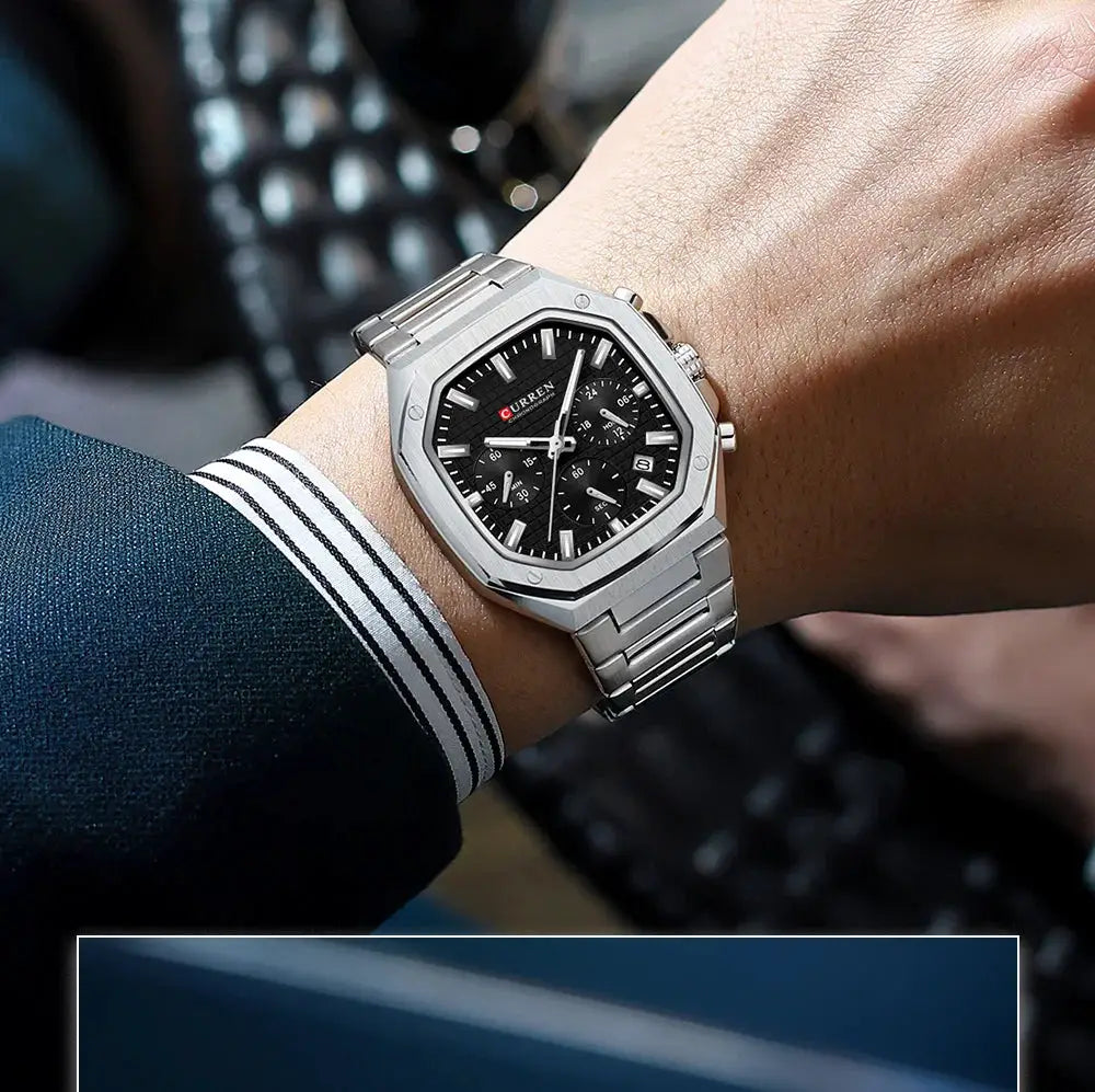 CURREN men's square stainless steel chronograph watch with date on a silver bracelet