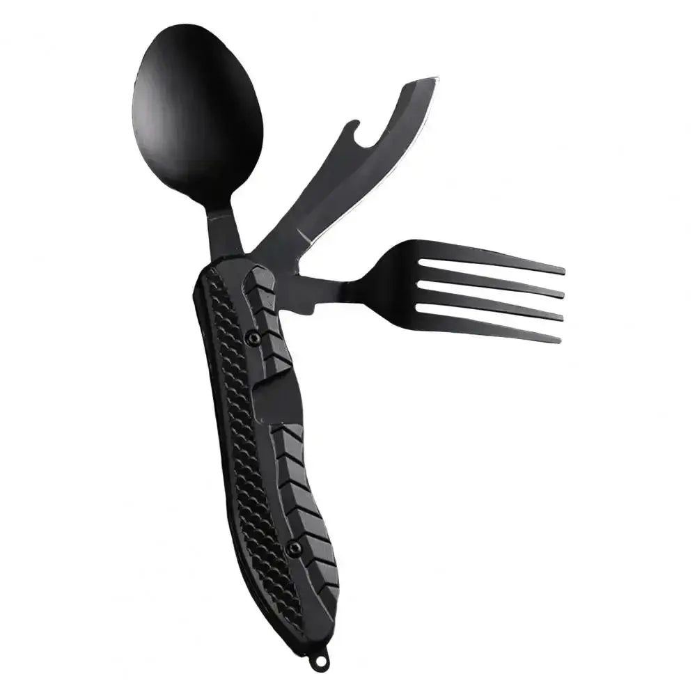 Three In One Multi Tool Camping Folding Knife Stainless Steel Spoon Fork Bottle Opener Hook Design Comfortable Grip