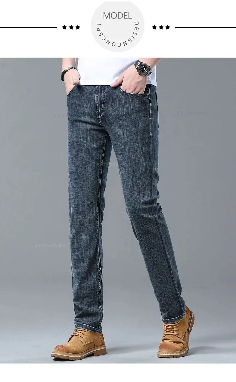 Spring Men's slim light-blue denim jeans by Simples Market with stretch fabric for casual wear; five-pocket style