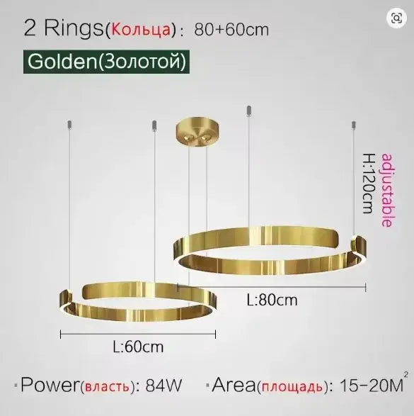 Golden two-ring ceiling chandelier pendant lamp by Simples Market, LED, adjustable 60cm–80cm