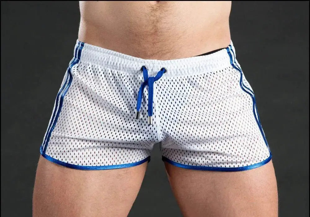 Simples Market men's white mesh running shorts with blue trim, breathable quick-dry fabric.