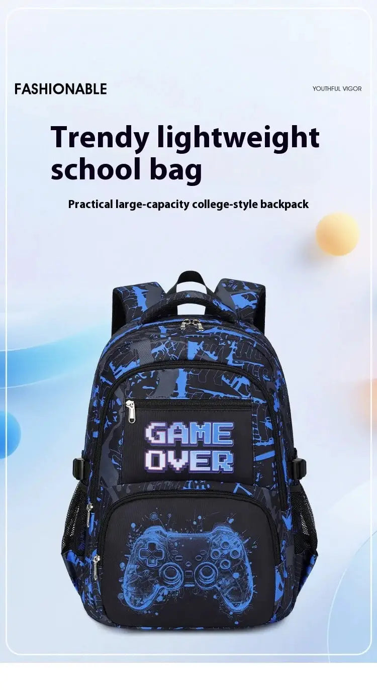 Backpack for boys in blue camouflage with game controller graphic and GAME OVER patch