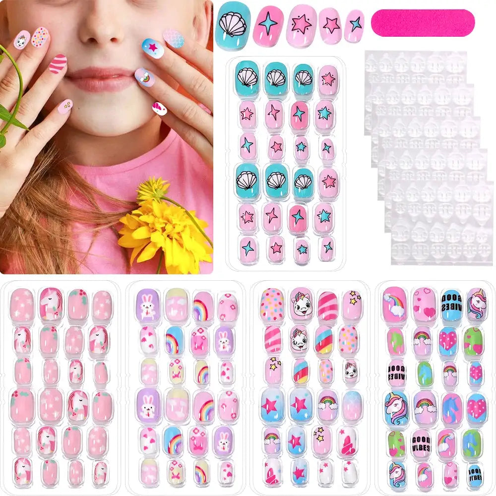 KawaiiKidz Kids Cartoon Press On Nails Acrylic Full Cover Short False Nails Safe Easy To Apply Jelly Glue 120Pcs