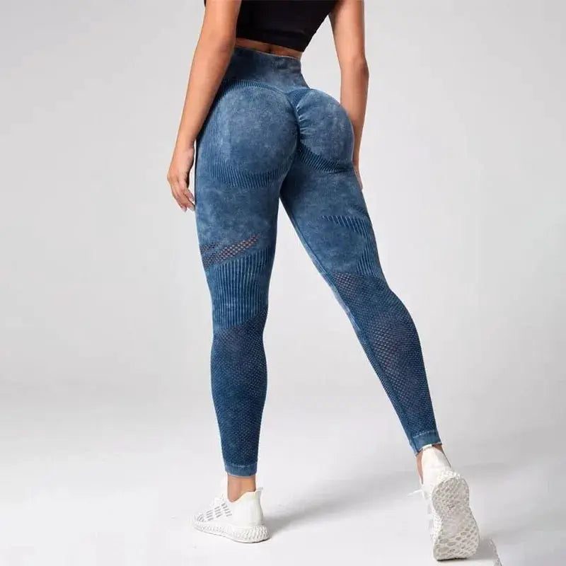 Ladies blue high-waist seamless yoga leggings with textured panels and quick-dry fabric