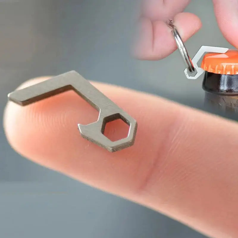 EDC Gear mini lightweight bottle opener keyring in silver metal with hex-wrench style pocket tool.