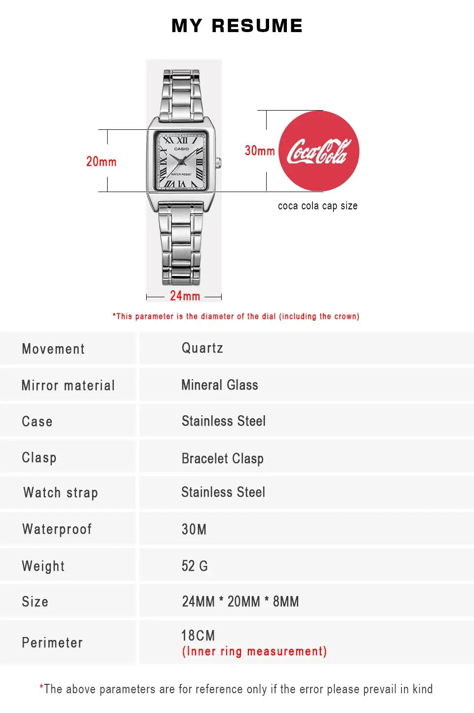 Casio women's stainless steel watch with rectangular tonneau case, Roman numeral dial, silver-tone bracelet