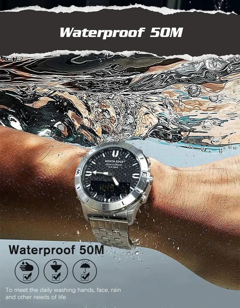 North Edge men's sports digital watch with metal bracelet, analog-digital dial, waterproof 50M, compass bezel.