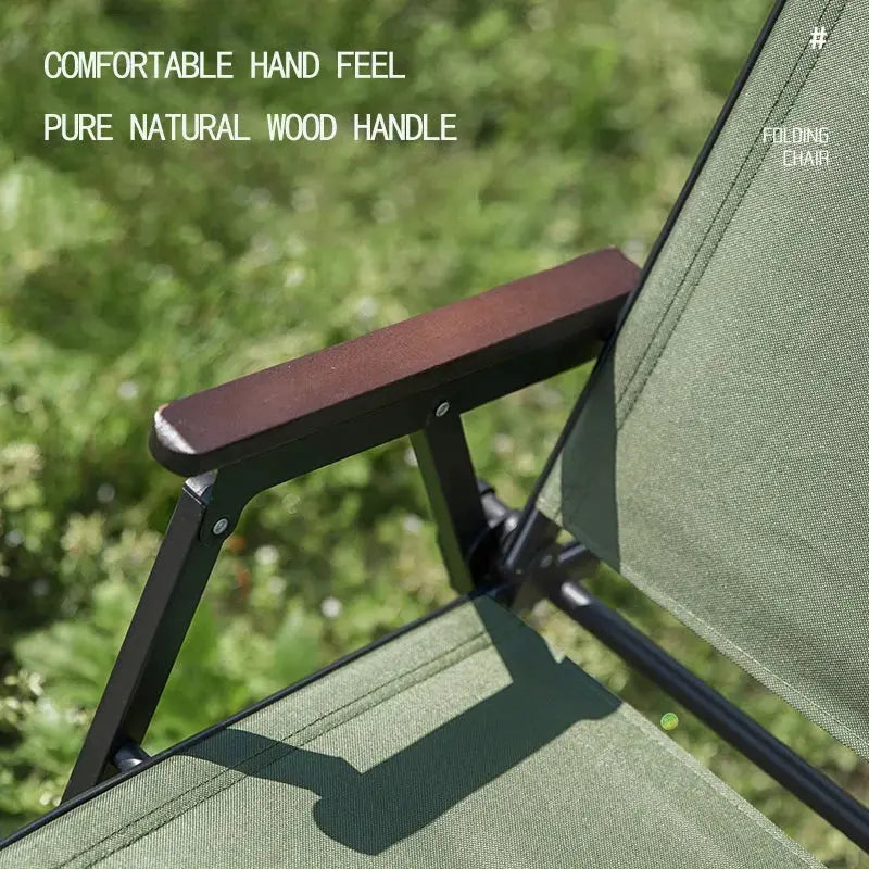 BISINNA outdoor folding camping chair with green fabric and natural wood armrest