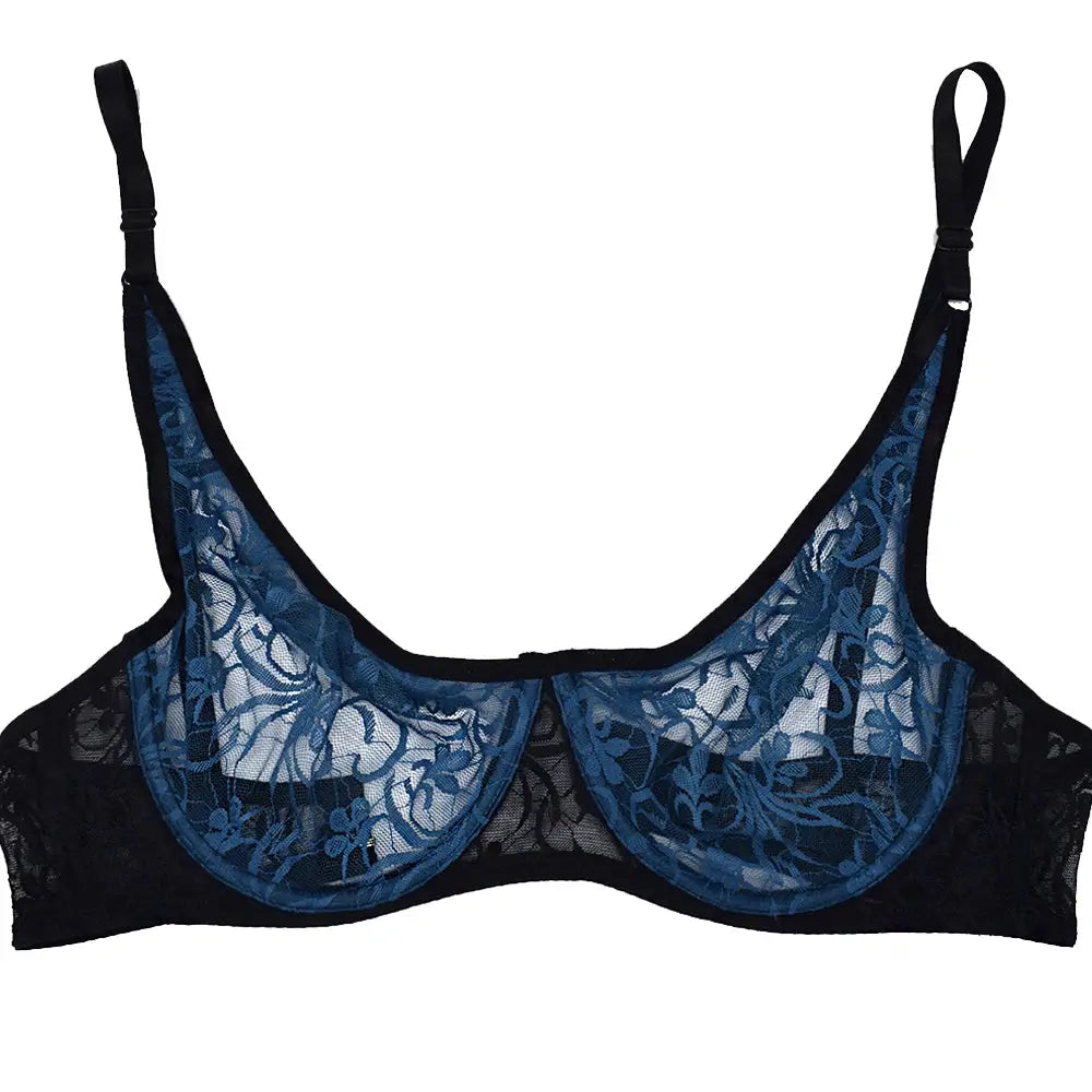 Womens lace underwire bra with blue floral embroidery on black mesh, adjustable straps.