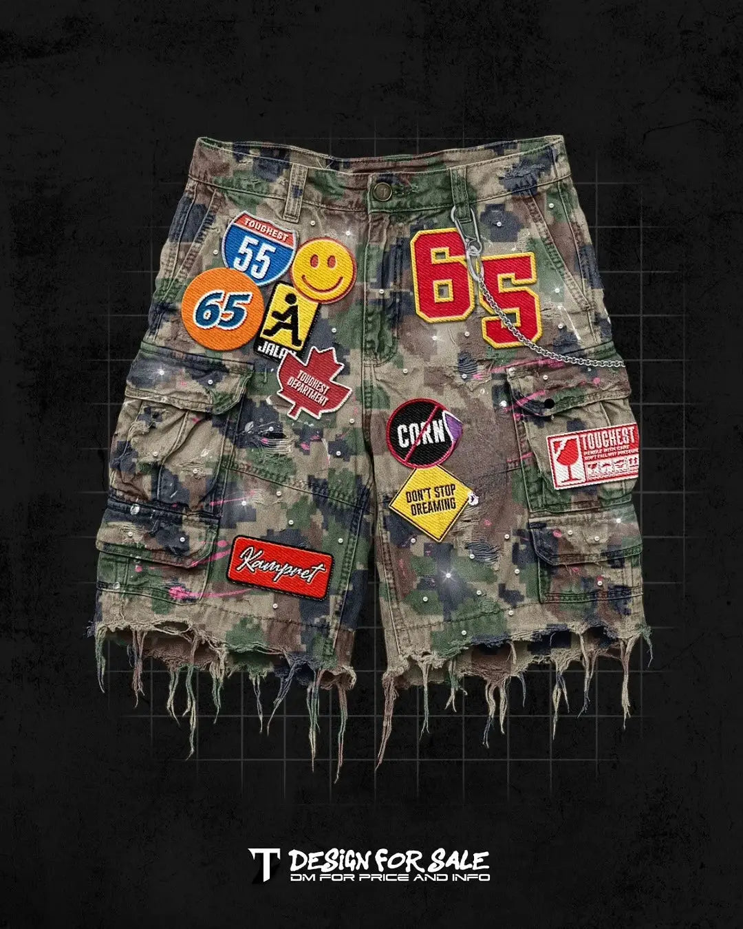 Patchwork denim shorts with camo pattern and colorful patches, distressed hems, streetwear style
