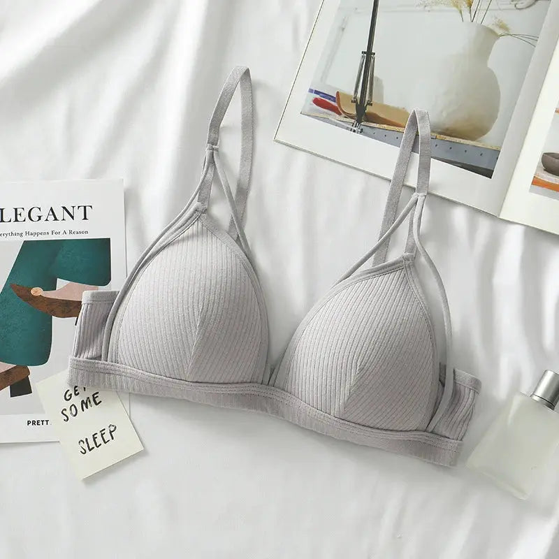Women's gray ribbed wire-free triangle-cup bralette with adjustable straps.