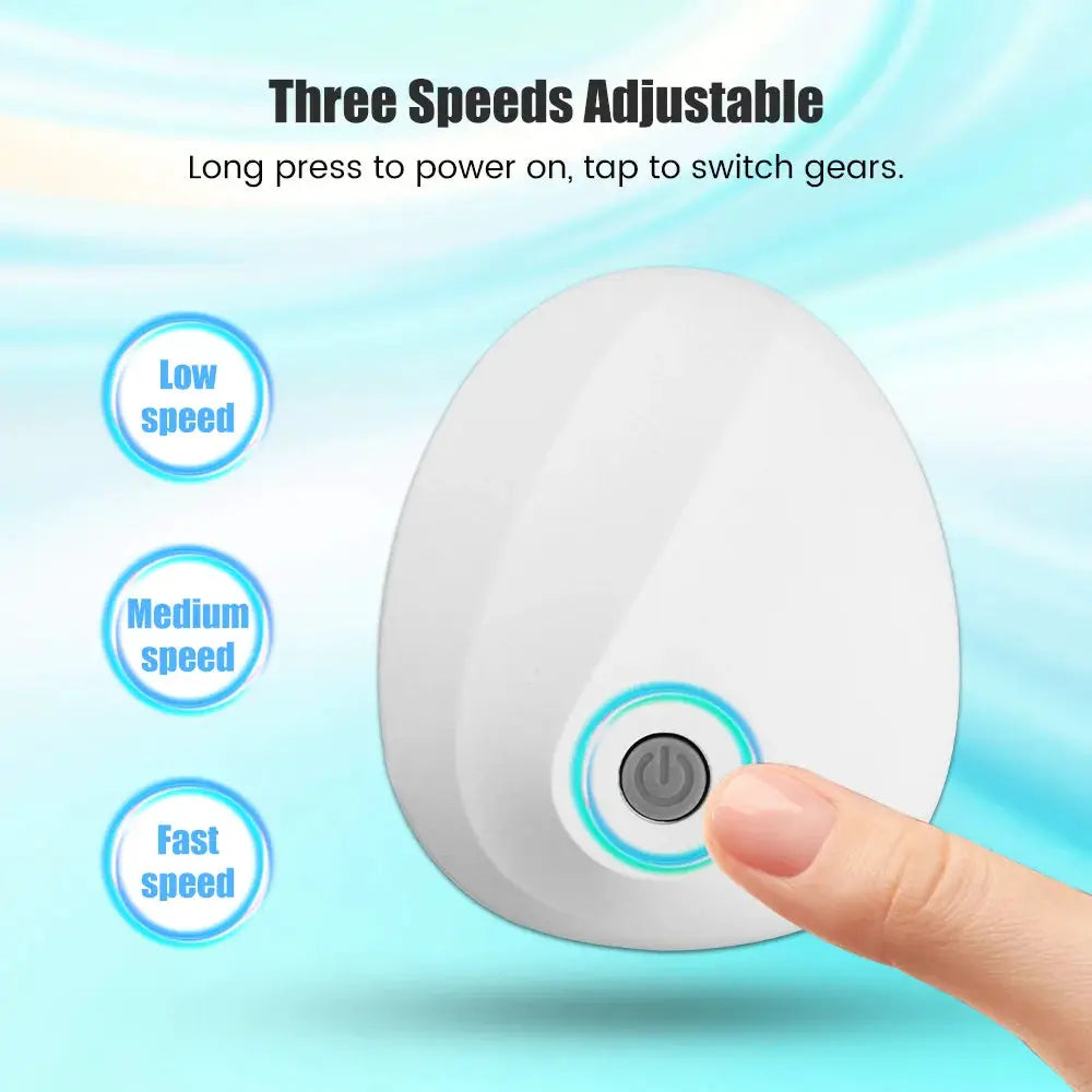 Handheld white electric head scalp massager with 3 speed modes (low, medium, fast)