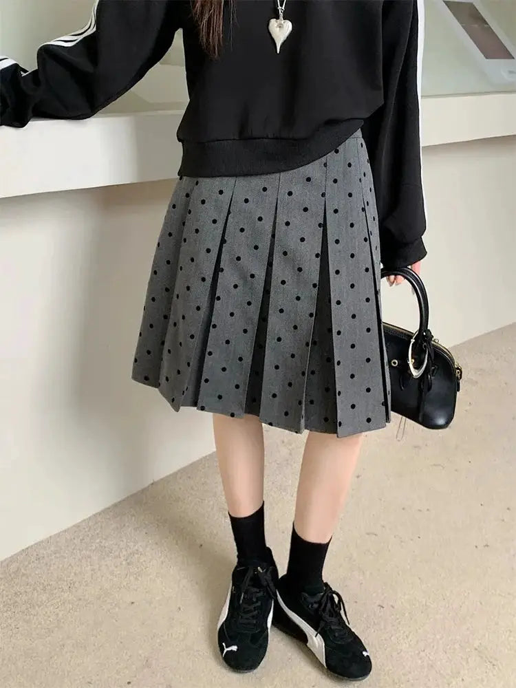 Polka dot pleated skirt, grey high-waist A-line, casual Korean-style short skirt