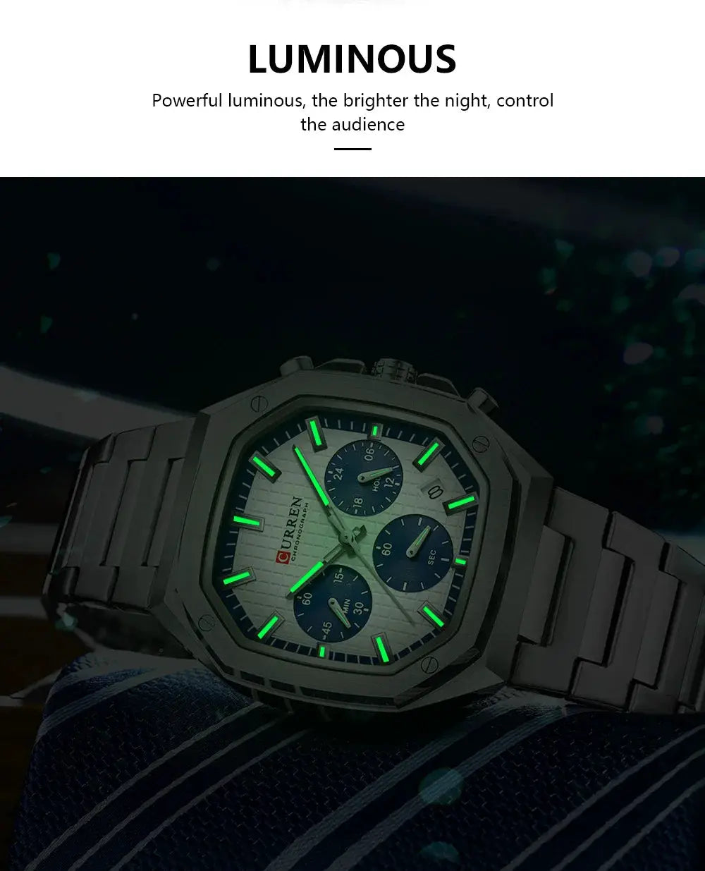 Curren men's square stainless steel chronograph watch with date, luminous green markers, and blue subdials