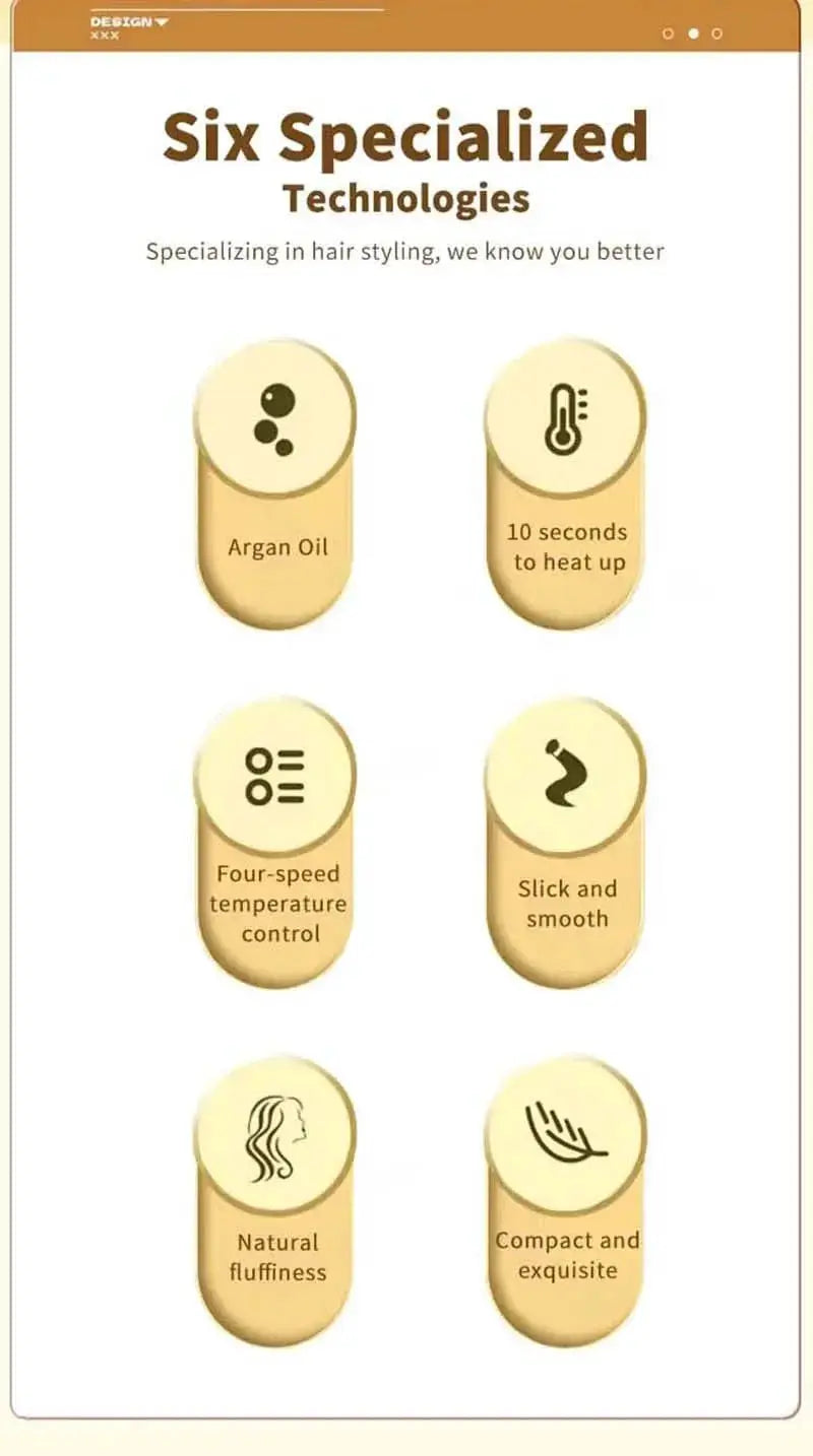 Tinsol 2-in-1 hair straightener infographic by Simples Market with six gold feature icons.