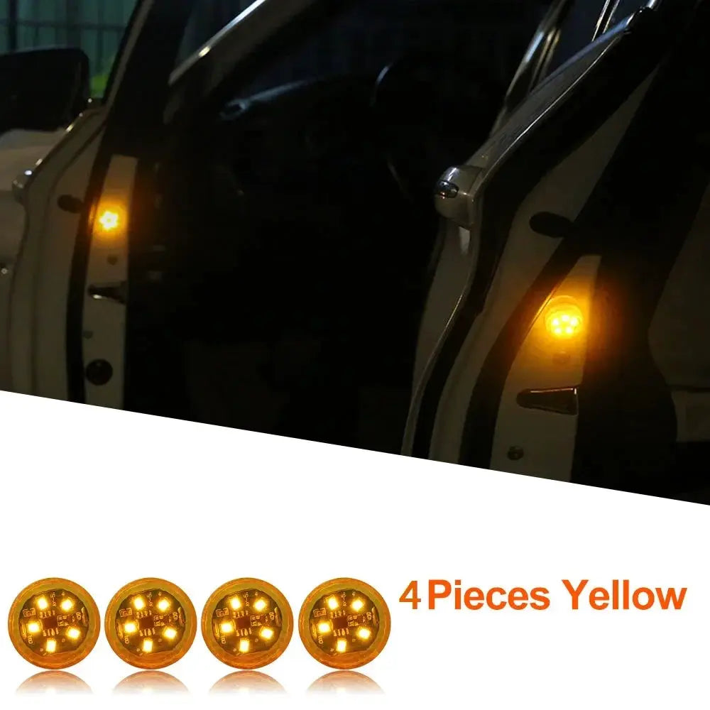 LED car door opening safety lights, universal 4-piece yellow set with magnetic sensor