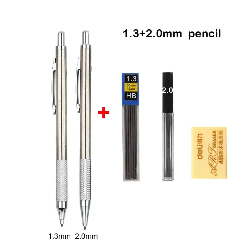 Mechanical Pencil Set, two full-metal pencils in 1.3mm and 2.0mm with HB lead and eraser, Simples Market