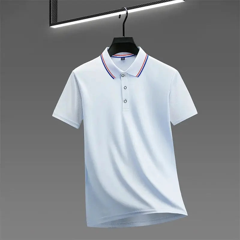 Simples Market men's light blue polo shirt with striped collar, short sleeves