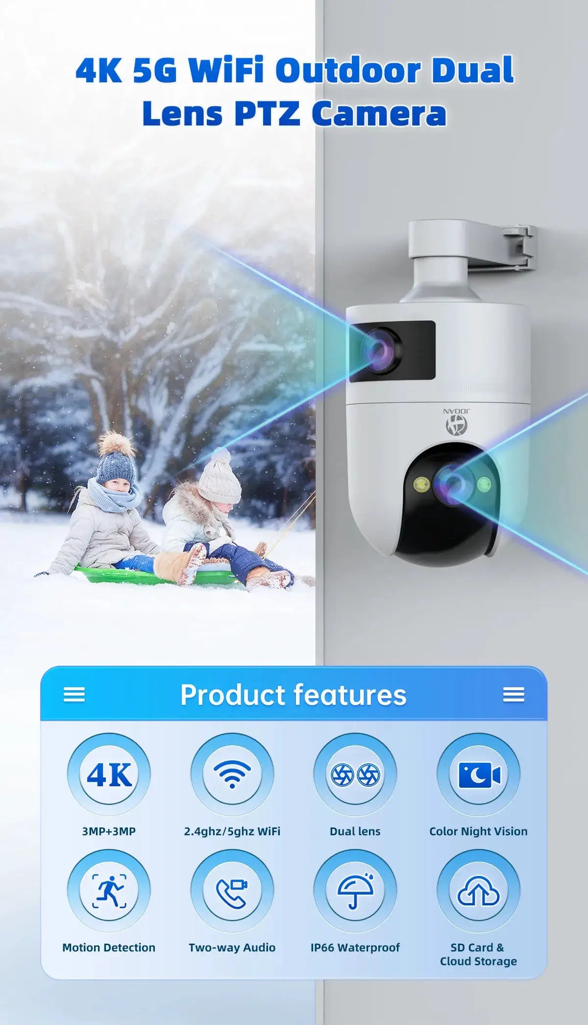 4K outdoor PTZ IP camera with dual lenses, white; 5G WiFi, auto-tracking