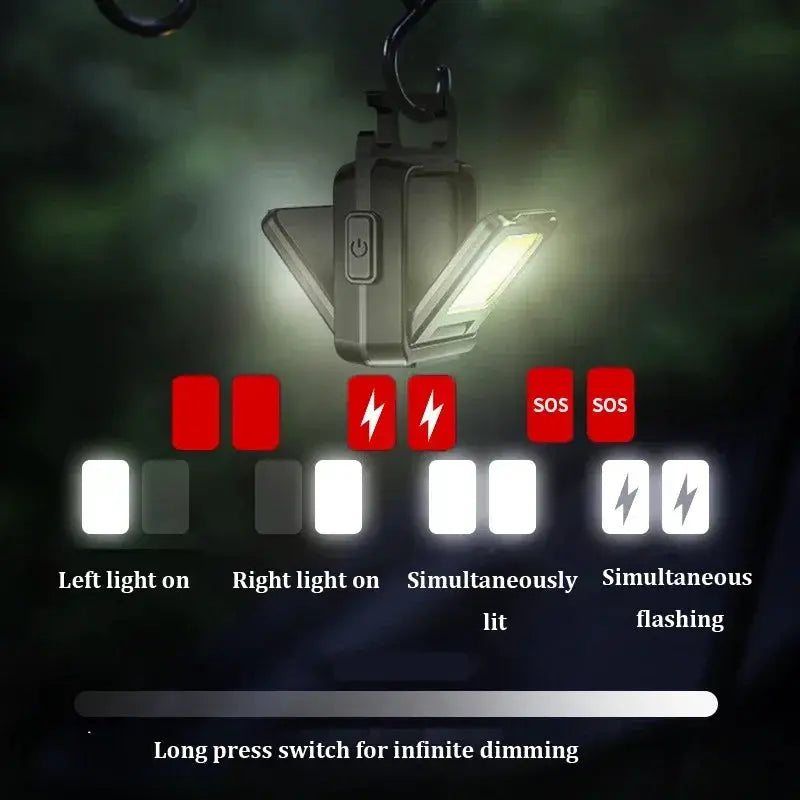 Simples Market mini flashlight keychain with USB-rechargeable COB work light and 90° foldable side lights